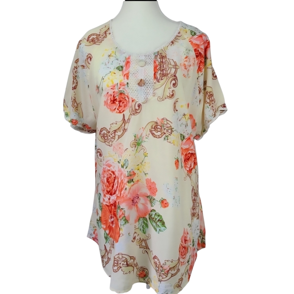 Raw Skin Vintage Floral Boho Blouse Crochet Trim Short Sleeve Sz 3XL Cottagecore
